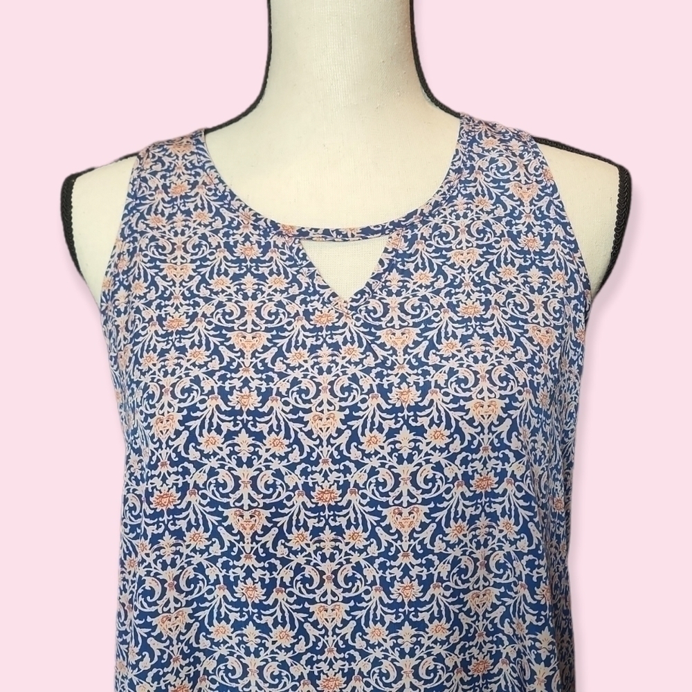 Lush Sleeveless Boho Blouse - Peekaboo Back Blue Orange Hi Lo Hem S